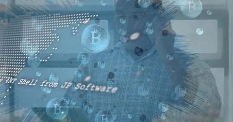 Image of data processing and bitcoin symbols over caucasian man 库存照片