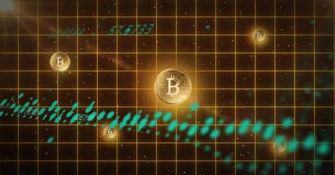 Image of data processing and bitcoins over black background Stock Illustration