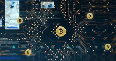 Image of data processing and bitcoins on blue background Stock Photos