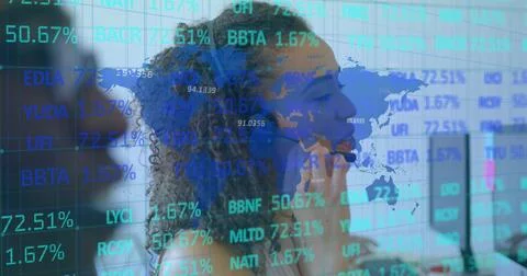Image of data processing and a blue world map over a biracial female call centre Stock Photos