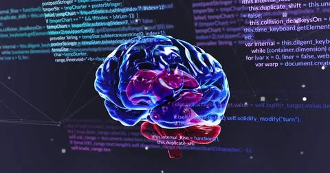 Image of data processing and brain on black background Stock Illustration