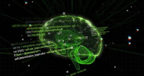 Image of data processing and brain on black background Illustrazione stock