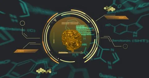 Image of data processing and brain on gray background 스톡 일러스트
