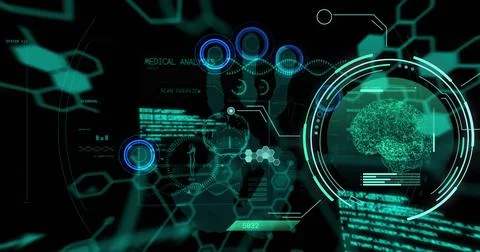 Image of data processing and brain with handprint on black background Illustrazione stock