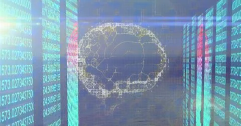 Image of data processing and brain over sea landscape Stock Illustration