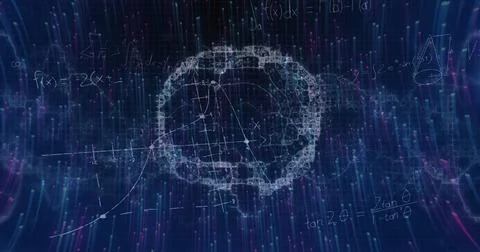 Image of data processing and brain on blue background Illustrazione stock