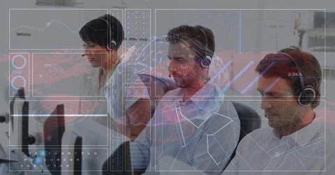 Image of data processing and brain over diverse business people in office Stock Photos