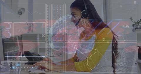 Image of data processing and brain over biracial businesswoman in office Stock Photos