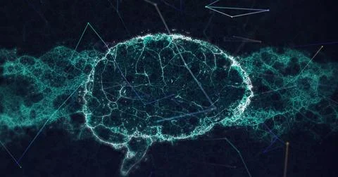 Image of data processing and brain on black background Stock Photos