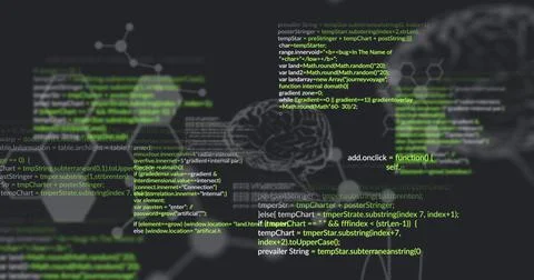 Image of data processing and brains on black background Illustrazione stock