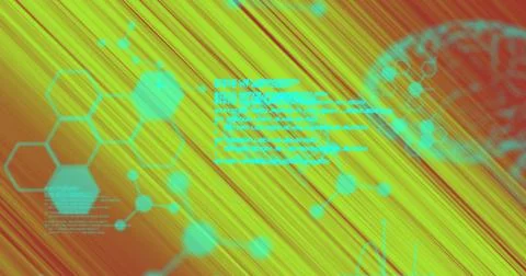 Image of data processing and brains on green moving background Stock Illustration