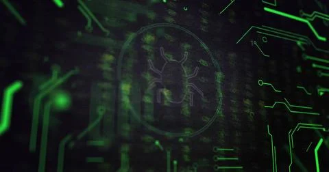 Image of data processing and bug icon on black background Illustrazione stock