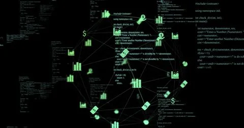 Image of data processing and business icons on black background Stock Illustration