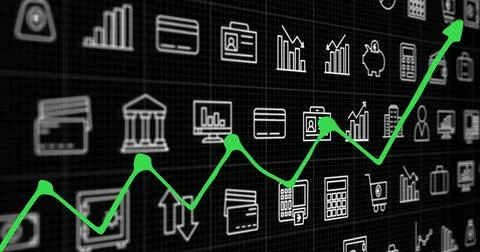 Image of data processing and business icons over black background Illustrazione stock