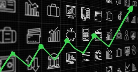Image of data processing and business icons over black background 库存插图