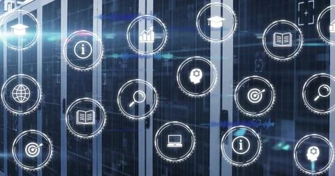 Image of data processing and business icons over server room Stock Illustration