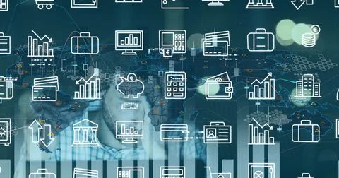 Image of data processing and business icons over caucasian businessman using Stock Photos