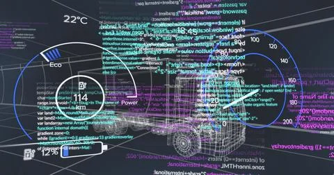 Image of data processing and car panel with lorry on black background イラスト素材