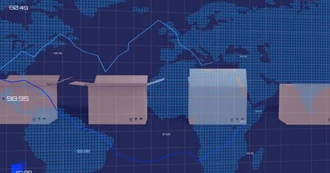 Image of data processing and cartons on blue background Stockillustratie