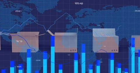 Image of data processing and cartons on blue background Illustrazione stock