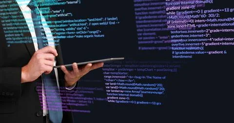 Image of data processing and caucasian businessman with tablet on black Stock Illustration