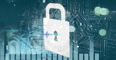 Image of data processing and caucasian businessman over padlock Stockillustratie