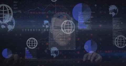 Image of data processing and caucasian male hacker over black background Stockfoto's