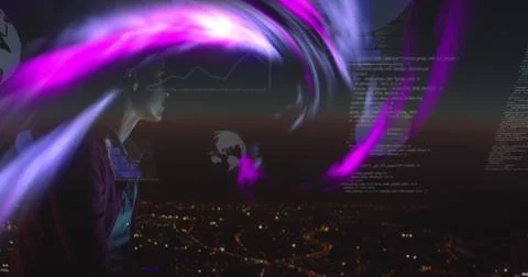 Image of data processing and caucasian woman over neon shapes 写真素材