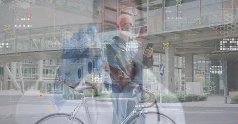 Image of data processing and caucasian male doctor over caucasian man with Stock Photos