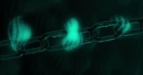 Image of data processing and chain over black background Stockillustratie