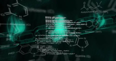 Image of data processing and chain over elements and glowing data on black Illustrazione stock