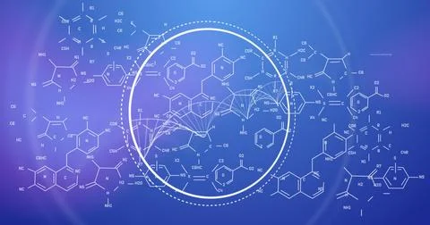 Image of data processing and chemical formula on blue background Stock Illustration