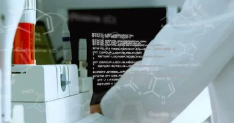 Image of data processing and chemical formula over caucasian male scientist Stock Illustration