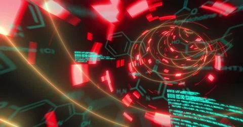 Image of data processing and chemical formulas over black background with neon Stock Photos