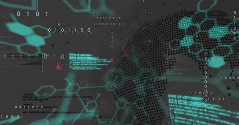 Image of data processing and chemical formula over globe Foto stock