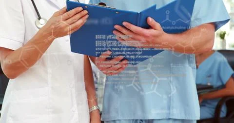 Image of data processing and chemical formula over diverse doctors reading 스톡 사진