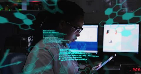 Image of data processing and chemical formula over biracial female scientist 写真素材