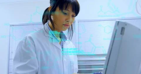 Image of data processing and chemical formula over caucasian female scientist Stock Photos