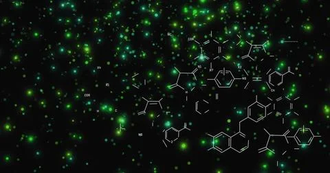 Image of data processing and chemical formula over light spots Foto stock