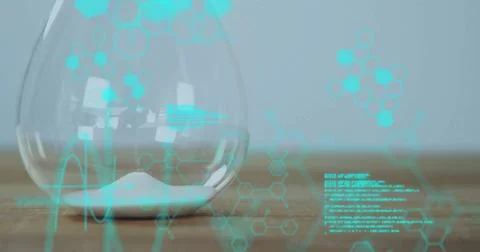 Image of data processing and chemical formula over hourglass 스톡 사진