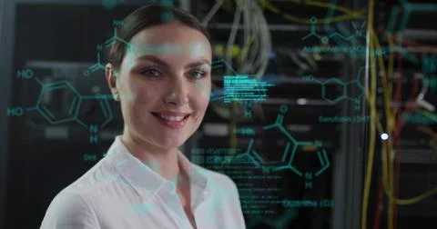 Image of data processing and chemical formula over caucasian female worker in Stock Photos