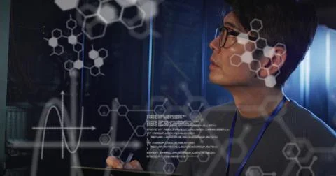 Image of data processing and chemical formula over asian male worker in server 스톡 사진
