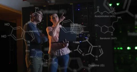 Image of data processing and chemical formula over diverse workers in server 스톡 사진