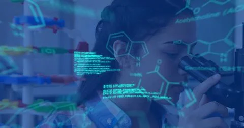 Image of data processing and chemical formula over biracial schoolgirl Photos