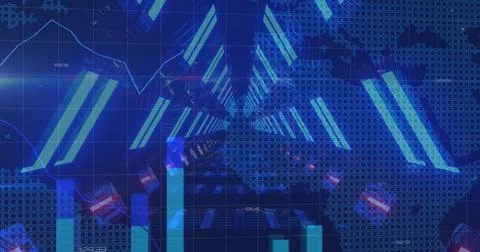 Image of data processing and chemical formulas over blue background Foto stock