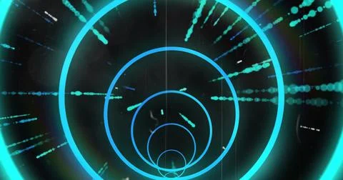 Image of data processing and circles over black background Stockfoto's