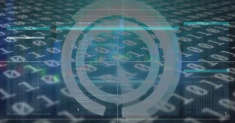 Image of data processing and circles on black background Stock Photos
