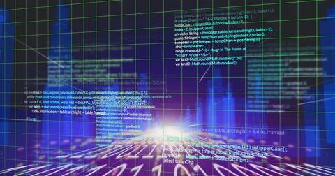 Image of data processing and city on black background イラスト素材