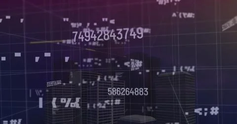 Image of data processing and city on blue background Illustrazione stock