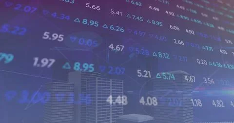 Image of data processing and city on blue background Stock Illustration